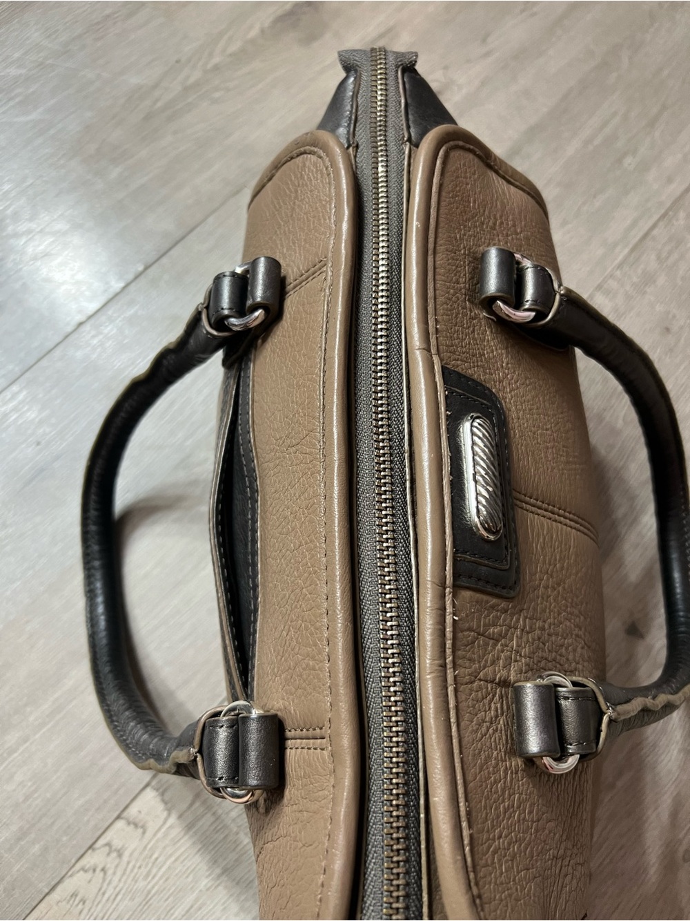 Classic Taupe Leather Briefcase with Black Trim